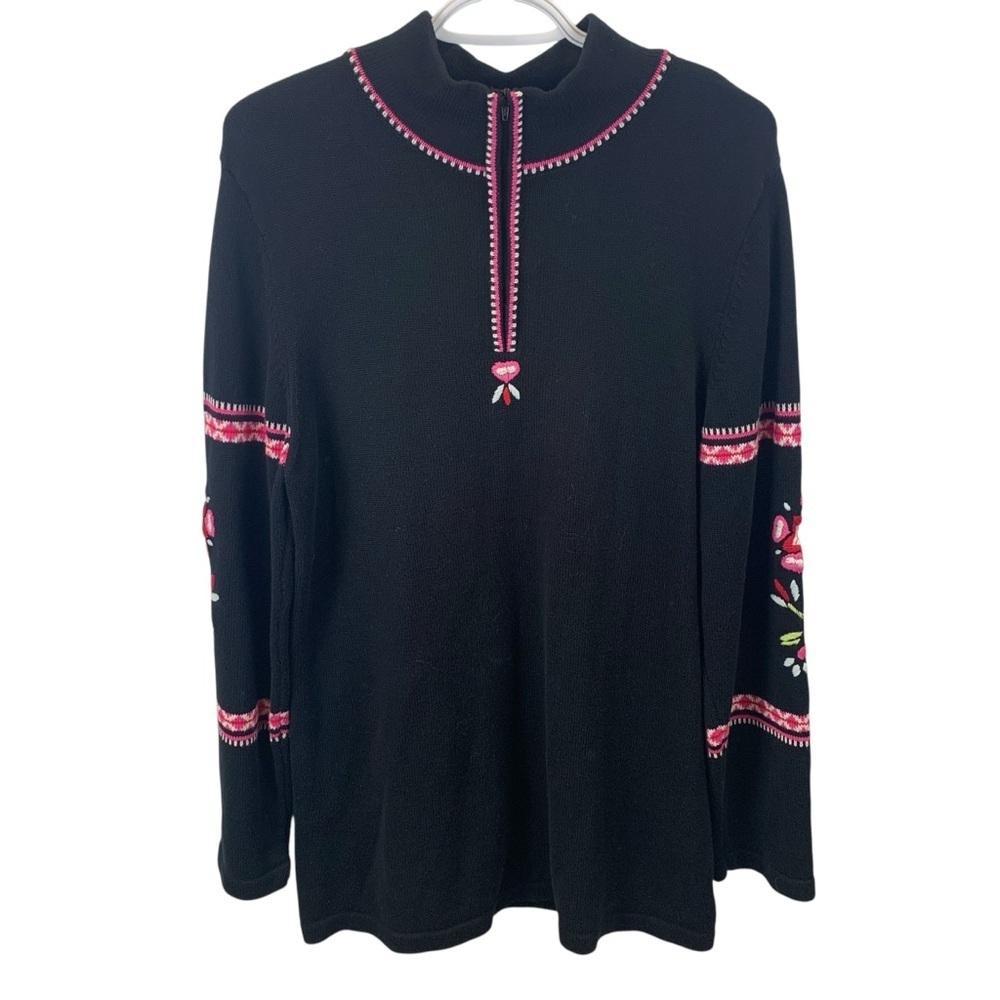 Hanna Andersson sz M Black Embroidered Nordic Floral Quarter-Zip Tunic Sweater
